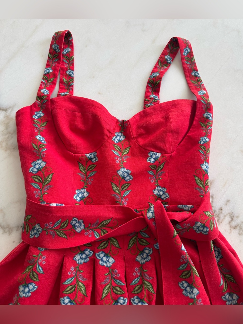 NWOT Farm Rio Red Sweet Bloom Bouquet Mini Dress with Beaded Tie Waist - Picture 2 of 7